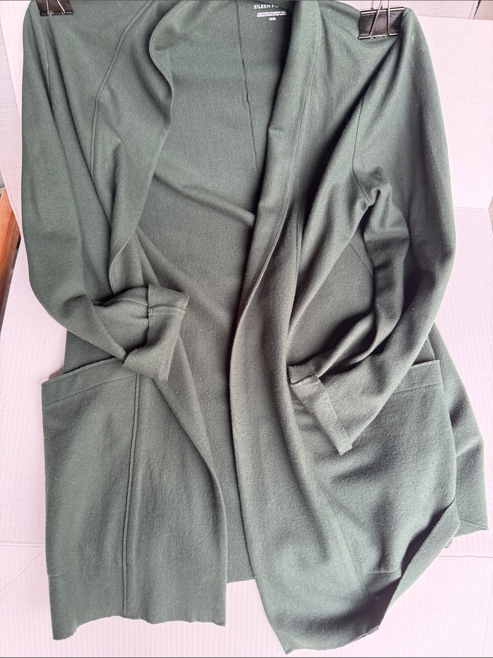 Eileen Fisher Boiled Wool Open-Front Blazer Cardigan in Deep Forest Green